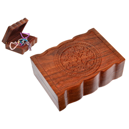 18cm Flower/Tree of Life Carved Wooden Box, Jewellery Storage, Boho Style