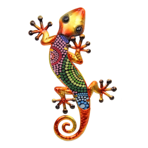 38cm Lizard Wall Art Orange Tribal Dot Design Made of Metal & Glass Colourful