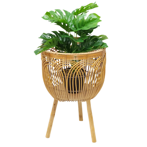 Monstera Plant & Stand Holder Set 37cm Rattan Basket Holder Wooden Legs