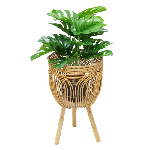Monstera Plant & Stand Holder Set 29cm Rattan Basket Holder Wooden Legs