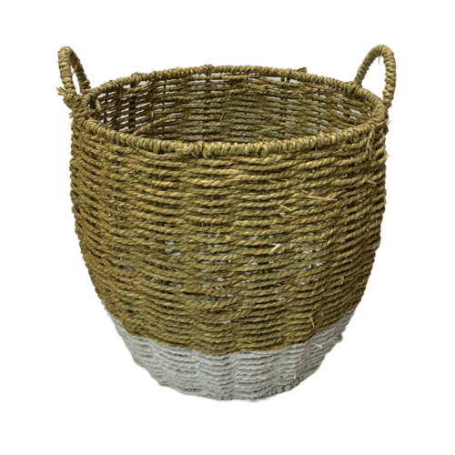 28cm White Cane Basket w/Handle Natural Colour Plants or Clothes
