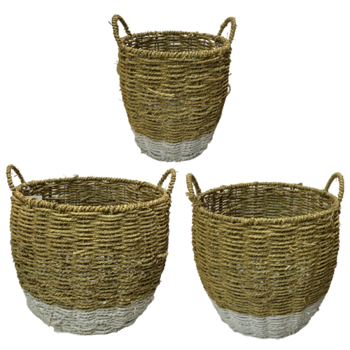 3x White Cane Baskets Set 27/28/30cm w/Handle Natural Colour
