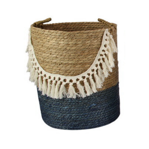 Large 39cm Storage Basket with Blue Bottom Sea Grass Woven Boho Tassels