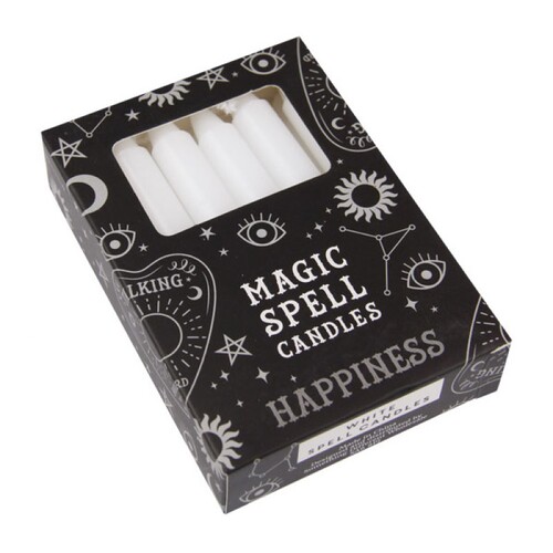 12pce 10cm Magic Spell Candles White Coloured Happiness Tapered Shape 