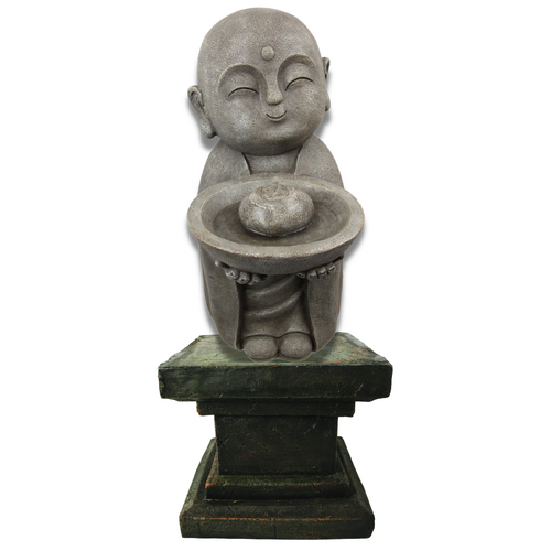 Water Fountain & Column Stand Jizo Buddha Statue Set, Indoor or Outdoor 89cm