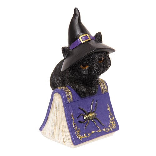 1pce 12cm Black Cat Witch On Purple Mystical Spell Book Cute & Scary Resin