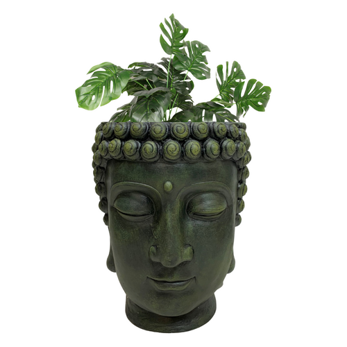 Plant + Buddha Head Garden Pot Planter, Resin Outdoor Statue 42cm Set