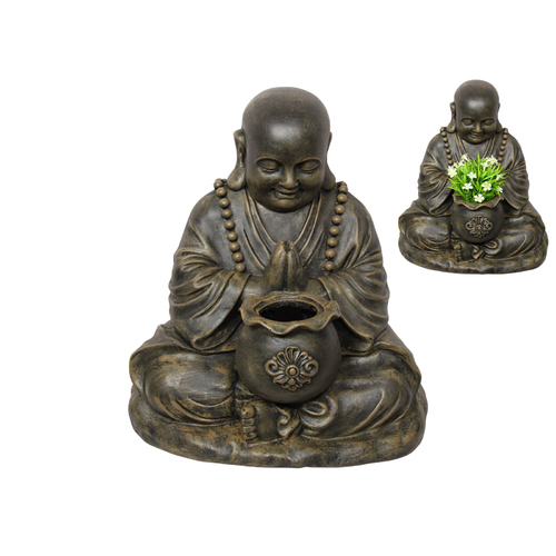 53cm Praying Buddha Monk with Pot Plant Holder, Resin Outdoor Statue