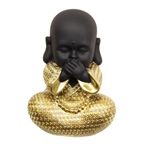1pce Speak No Evil 15cm Wise Buddha In Gold Robe Cute Resin Black Body