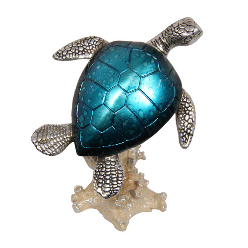 1pce 18cm Blue Metallic Turtle on Coral Swimming Resin D̩cor Standing Beach House