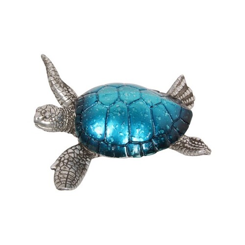 Resin Turtle Metallic Blue & Silver Body 1pce 20cm Cute Decor Wall Art Sea Ornament