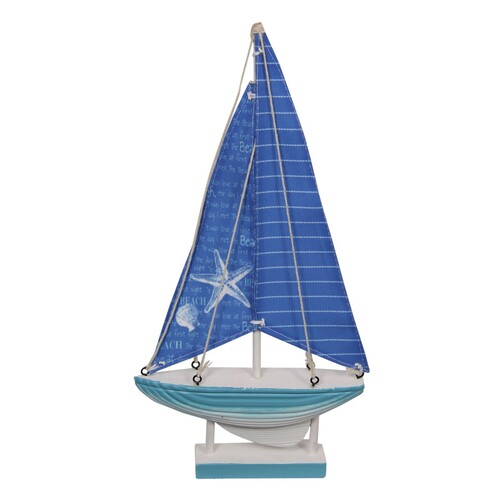 1pce 35cm Starfish Beach Sailing Boat Blue Tones, Wooden Base, Real Fabric Sail