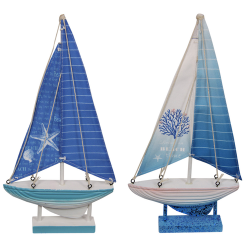 2pce Sail Boat Set 35cm Beach Themed Boat Blue Tones, Wooden Base, Real Fabric Sail