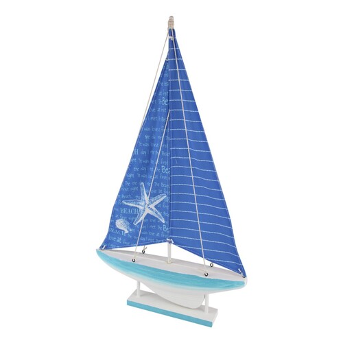 1pce 55cm Starfish Beach Sailing Boat Blue Tones, Wooden Base, Real Fabric Sail