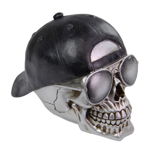 1pce 18cm Silver Skull With Sunnies & Hat Resin Decor Mancave Ornament Gift