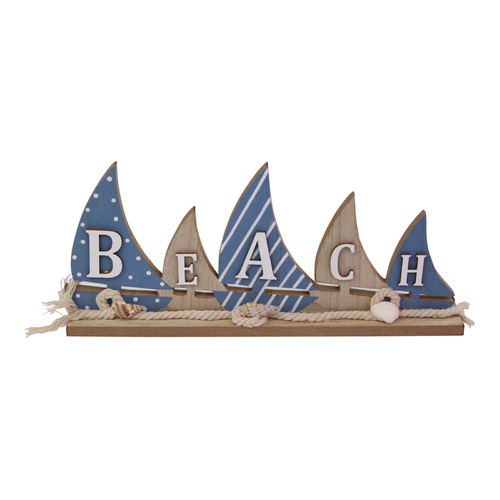 1pce 30cm Long Beach Sail Boat Sign Shells & Rope Features Blue Tones