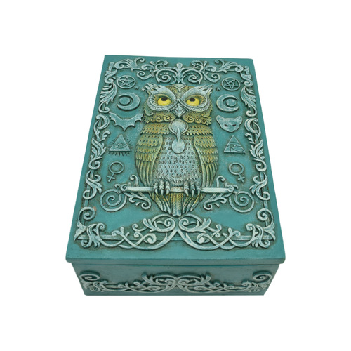 13cm Turquoise Owl Of Wisdom Trinket, Jewellery Box Holder Resin