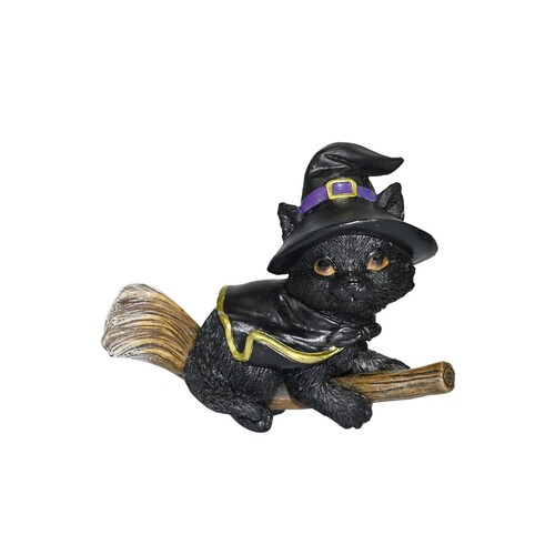 1pce Purple Features 10cm Black Cat Witch On Broomstick Scary Cute Resin