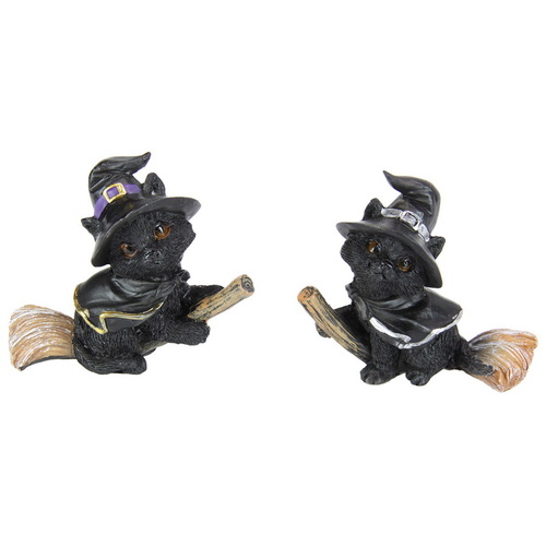 2x Black Witch Cats On Broomsticks 10cm Scary Cute Resin Ornaments