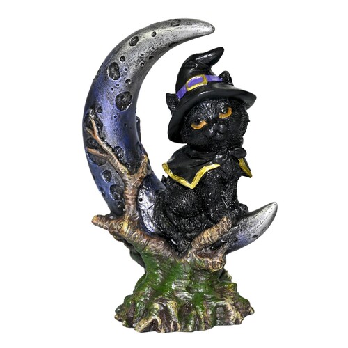 11cm Black Cape Cat Witch On Mystical Moon & Green Stump Scary Resin