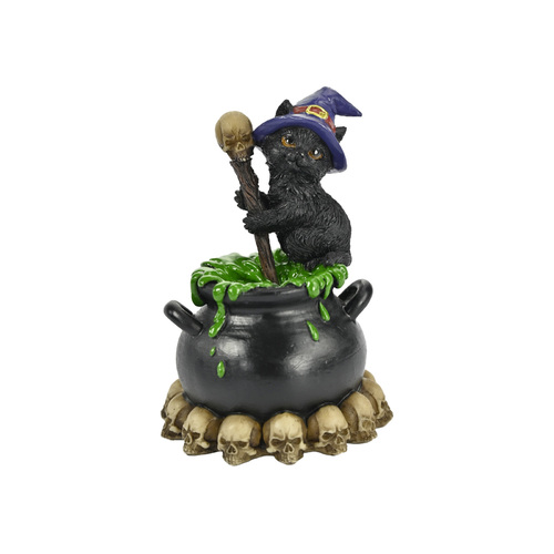 Witch Cat Figurine 12cm Stirring Magical Cauldron Kitten Gothic Mystical Decor