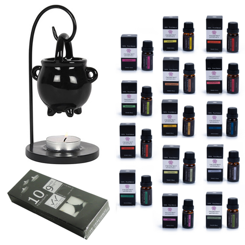Oil Burner Set Witch Cauldron, Tealights & 14 Essential Oils Scents Kit