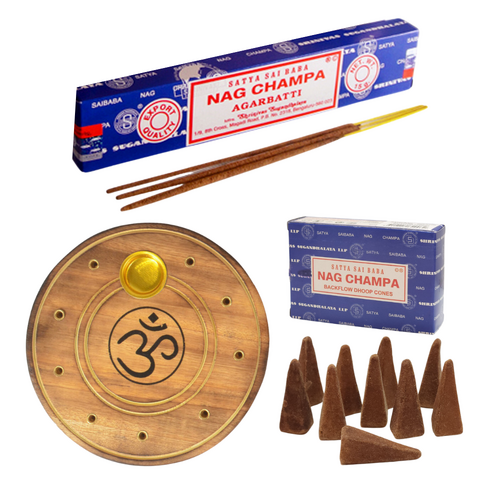 Incense Bundle Cones, Sticks & Holder 10cm Round - Nag Champa Original Scent