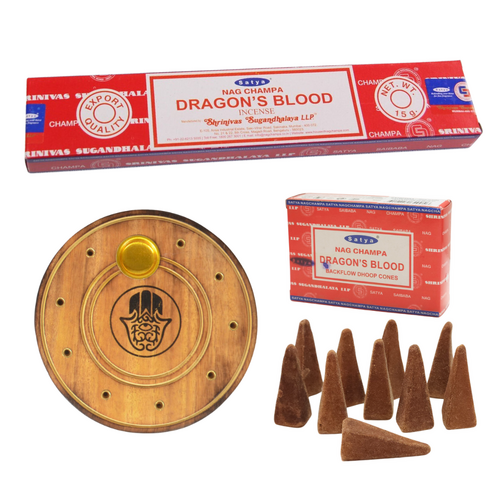 Incense Bundle Cones, Sticks & Holder 10cm Round - Dragons Blood Scent