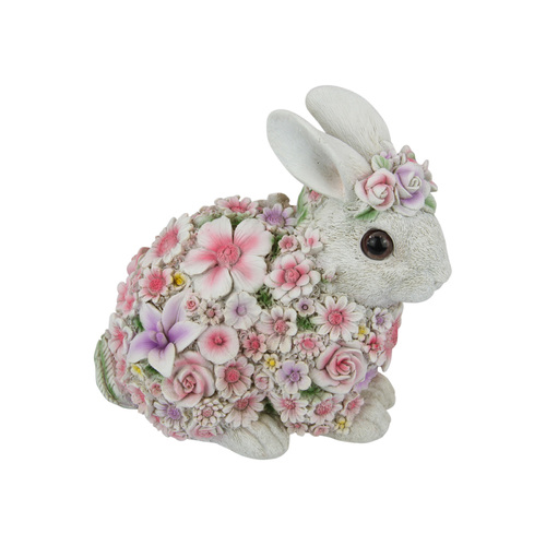 19cm Rabbit/Hare Floral Pink and Purple Colours Resin Decor Cute Sitting
