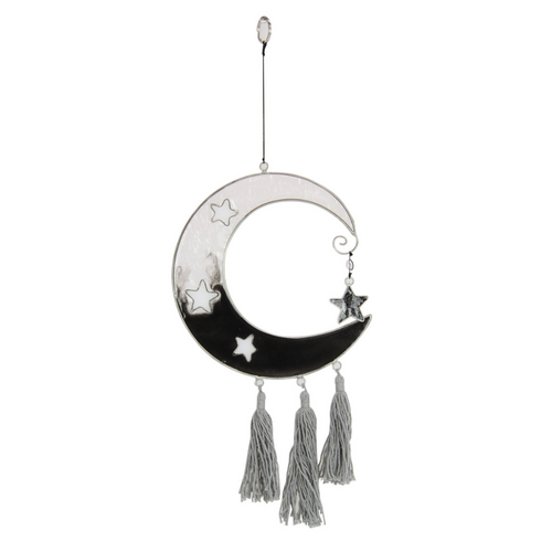 Suncatcher Moon & Stars Wall Art Black Epoxy Glass & Tassels Hanging Decor 37cm