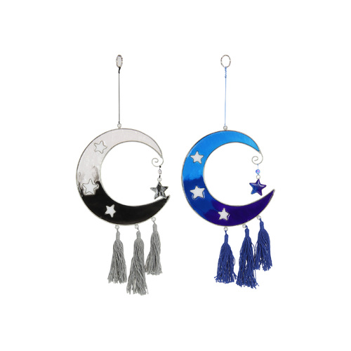 2x Suncatcher Moon & Stars Wall Arts Black & Blue Epoxy Glass with Tassels 37cm