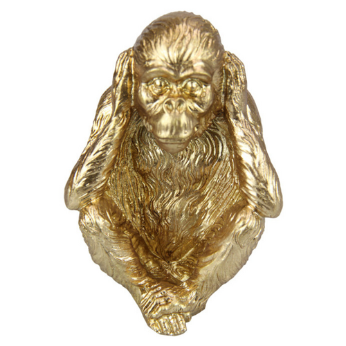 Wise Monkey with Gold Metallic Finish Hear No Evil 14cm Resin 1pce