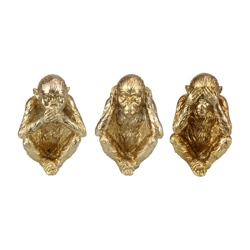 3x Wise Monkeys Set with Gold Metallic Finish No Evil Poses 14cm Resin