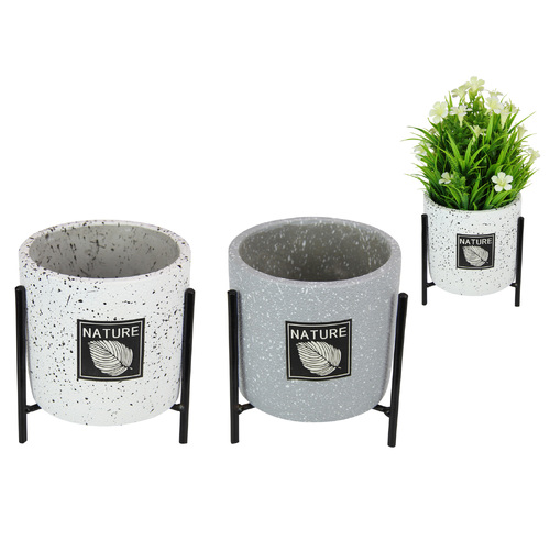 2x Ceramic Pot Planters Set on Metal Stand White & Grey Concrete Designs 16cm 
