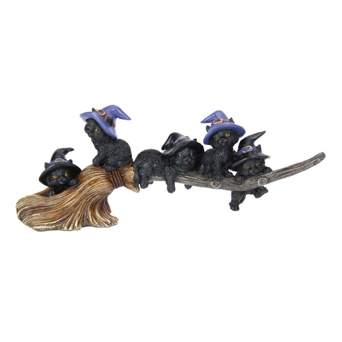 27cm Black Witch Cats on Broomstick Figurine, Mystical Gothic Decor