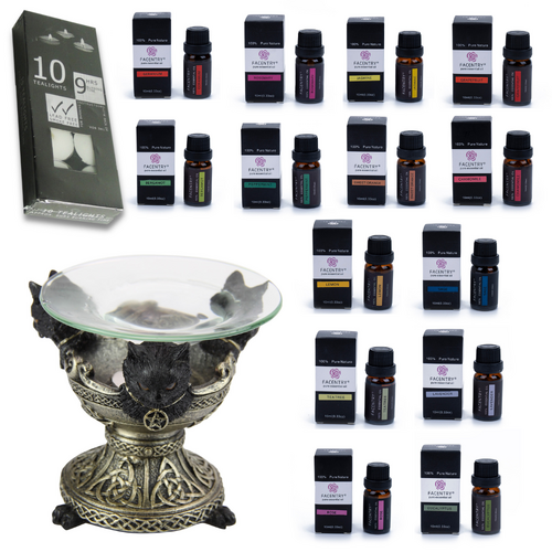 Oil Burner Set + 14 Essential Oils Scents + Tealight Candles - Mystical Cat 