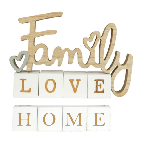 21cm Family Inspirational Decor Plaque With Home & Love Blocks Wooden Natural