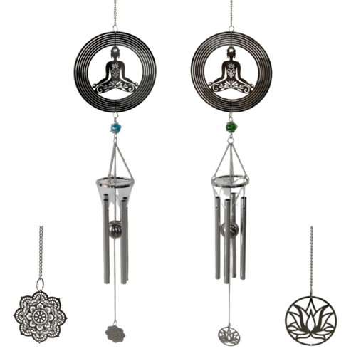 Pair of Yoga Silver Zen Feature Spinner with Wind Chime, Suncatcher
