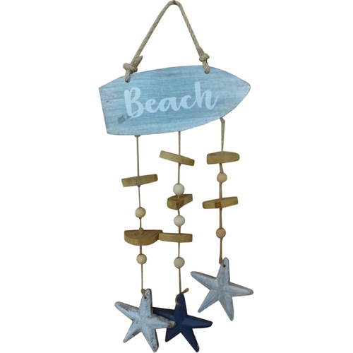 Hanging Beach Sign With Wooden Decals & Starfish Blue 45cm 1pce