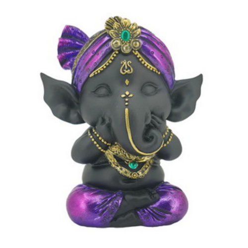 Ganesh Statue Sitting Speak No Evil Pose Black in Purple Robe 10cm 1pce Resin