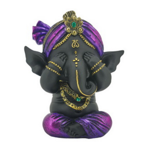 Ganesh Statue Sitting See No Evil Pose Black in Purple Robe 10cm 1pce Resin