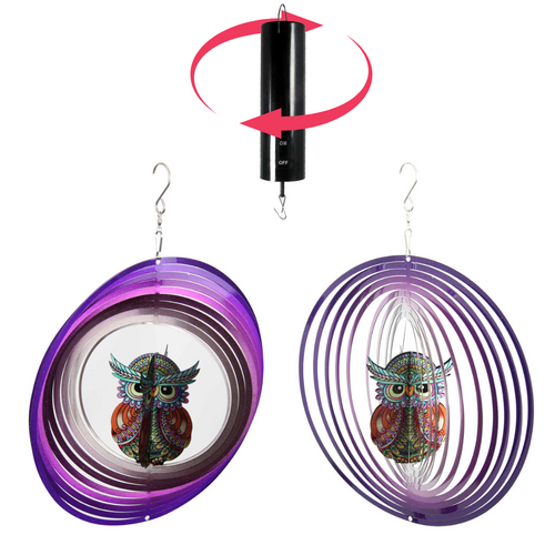 Owl Spinner & Motor Set Purple Metal 3D Hanging Illusion Art Colourful Design