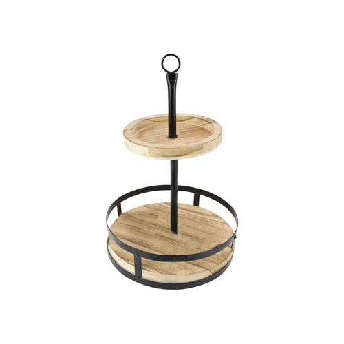 35cm 2 Tier Wooden Food Display High Tea Cake Stand with Metal Frame Round