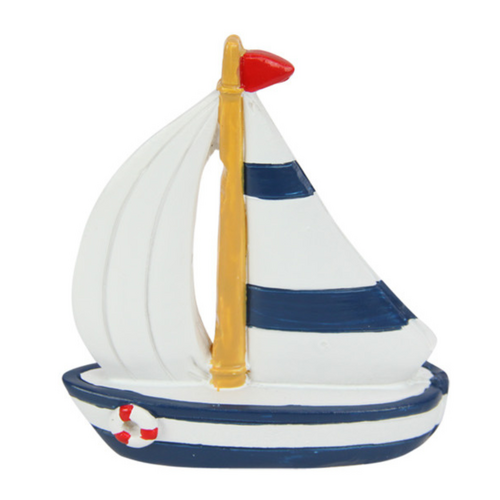 Sailing Boat Ornament with Blue Coloured Stripes Sail 1pce 9cm Beach Decor