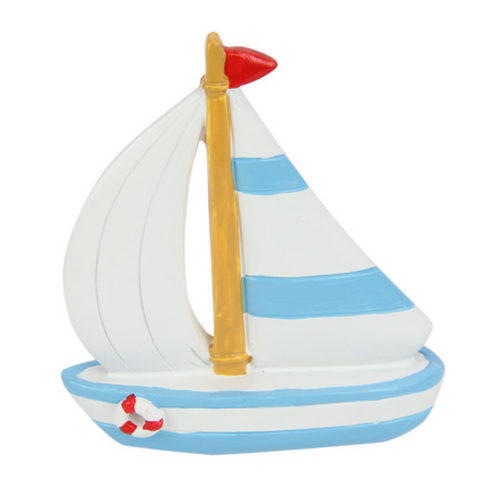 Sailing Boat Ornament with Aqua Coloured Stripes Sail 1pce 9cm Beach Decor