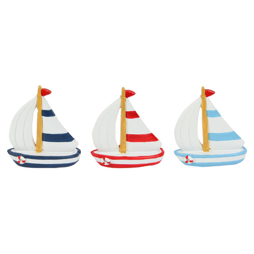 Sailing Boats Set 3pce Ornaments with Aqua, Blue & Red Stripes Sail 9cm Beach House