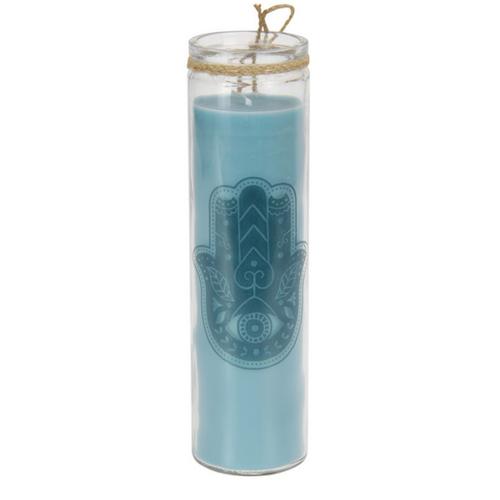 Candle Hamsa Design Blue 300g Scented Wax Glass Tall Shape 20cm
