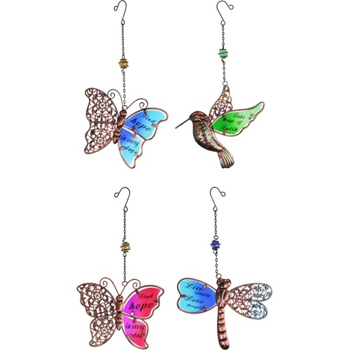 10cm Metal & Glass Hanger Set of 4 - Blue Butterfly, Pink, Green Bird & Dragonfly