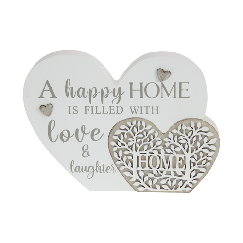 Happy Home Love Heart Plaque White & Natural 22cm Standing Sign 1pce