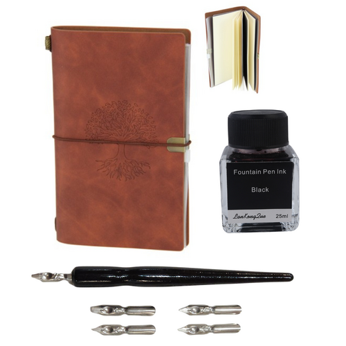 Journal  + Calligraphy Ink & Pen Set Antique Paper Book Brown Tree of Life 20cm